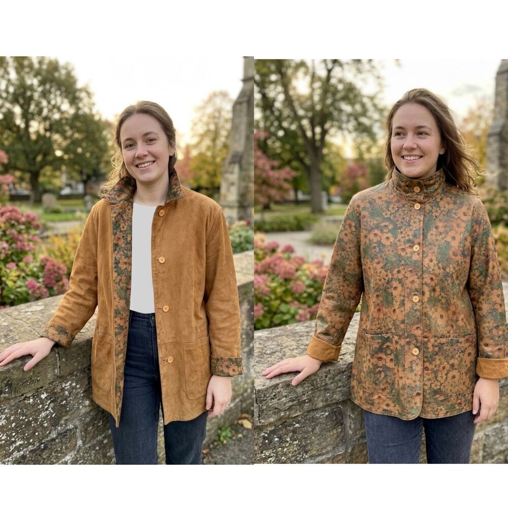 Peruzzi Italy Reversible Leather Suede Jacket Floral Boho Artsy Lagenlook 42 M